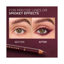 Eyebrow pencil comparison showing 'Before' and 'After' effects on eyes with text 'For precise lines or smoky effects'.