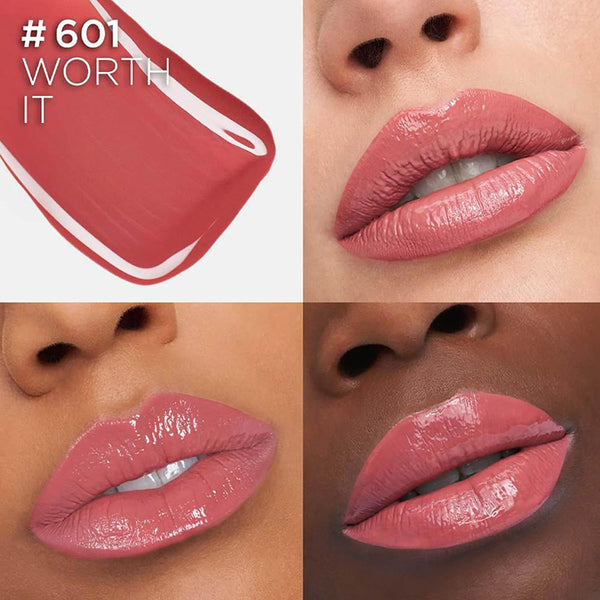 Lipstick shade #601 'Worth It' shown on a model's lips with close-up details.