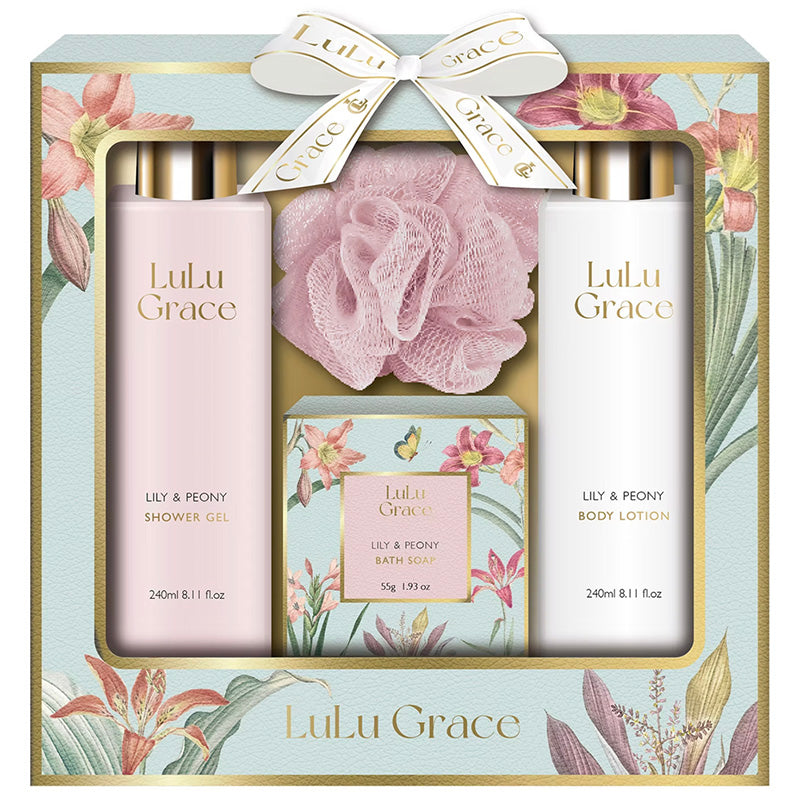 Lulu Grace bath product set with shower gel, body lotion, and soap in a decorative box.
