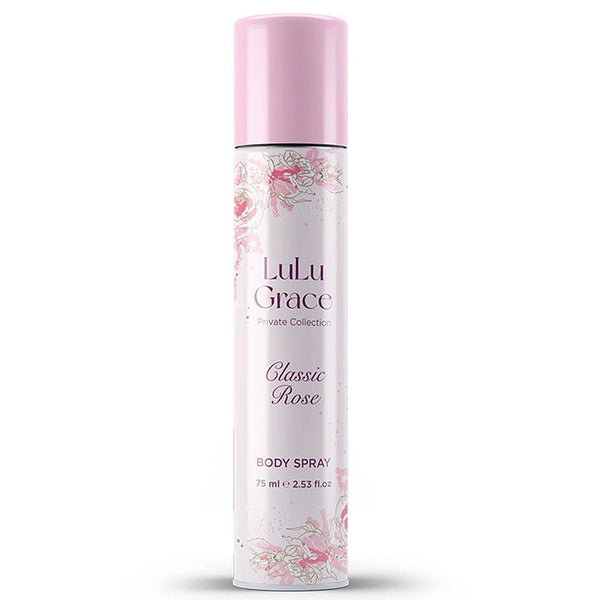 A pink Lulu Grace body spray can with a floral pattern design.
