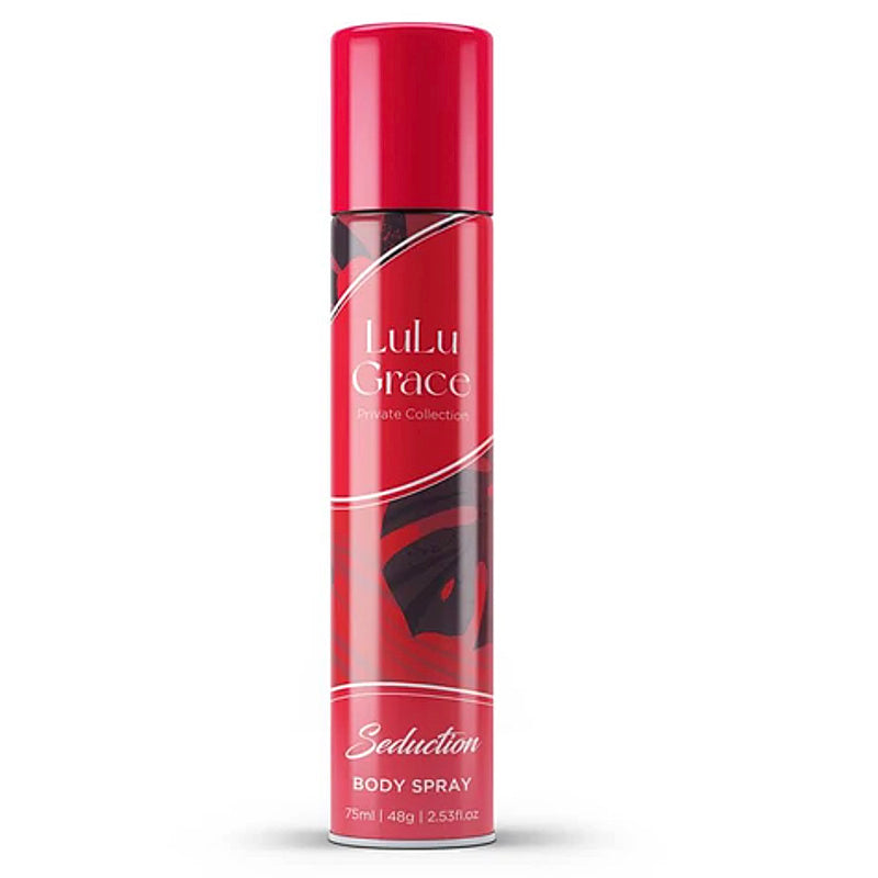 A can of Lulu Grace body spray seduction spray in a shimmering aluminum can with a red label.