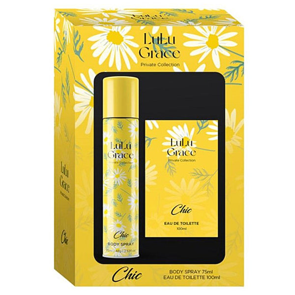 Lulu Grace perfume set packaging with yellow and black design
