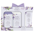 Lulu Grace lavender-themed skincare set with body wash, lotion, and hand cream.