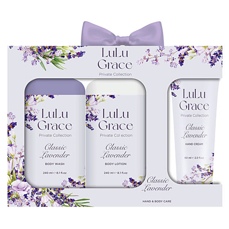 Lulu Grace lavender-themed skincare set with body wash, lotion, and hand cream.