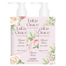Two Lulu Grace body care products with floral designs on a white background