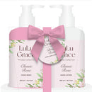 Lulu Grace Classic Rose hand care set with hand wash and lotion, tied together with a pink ribbon on a white background.
