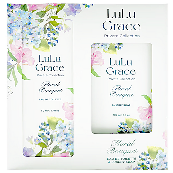 The image shows a Lulu Grace Private Collection Floral Bouquet Eau de Toilette and Luxury Soap gift set. The packaging is primarily white with green and pink floral designs and text.