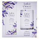 Lulu Grace Private Collection Classic Lavender Eau de Toilette and Luxury Soap gift set, featuring a white and purple packaging with floral designs.