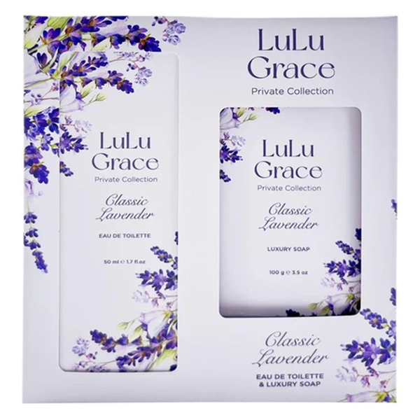 Lulu Grace Private Collection Classic Lavender Eau de Toilette and Luxury Soap gift set, featuring a white and purple packaging with floral designs.