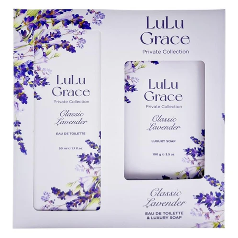 Lulu Grace Private Collection Classic Lavender Eau de Toilette and Luxury Soap gift set, featuring a white and purple packaging with floral designs.