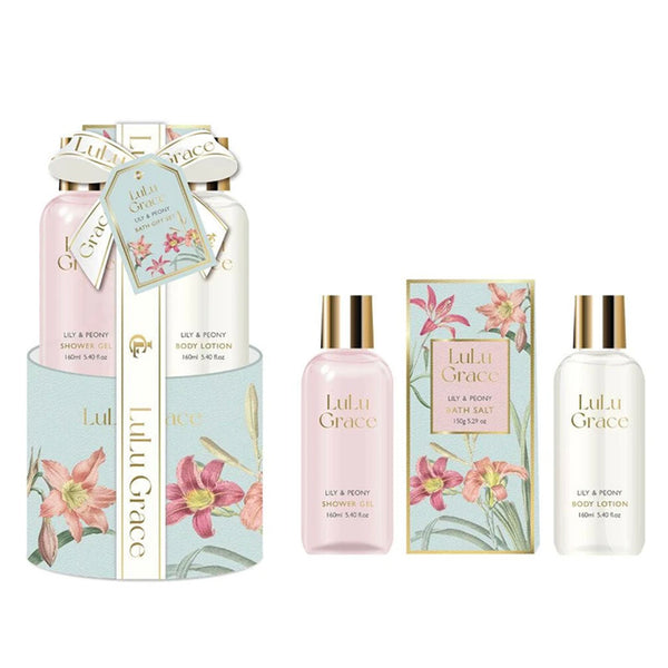 Lulu Grace skincare product set with bottles and boxes on a white background