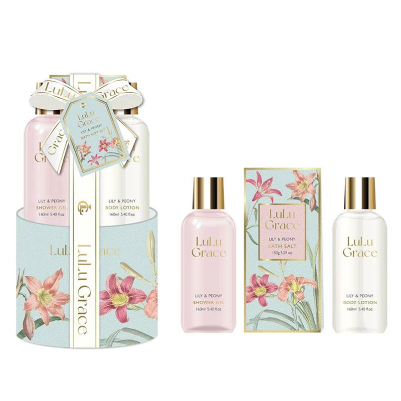 Lulu Grace skincare product set with bottles and boxes on a white background