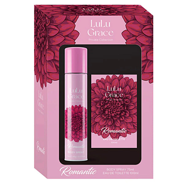 LuLu Grace perfume set with bottle and packaging on a white background
