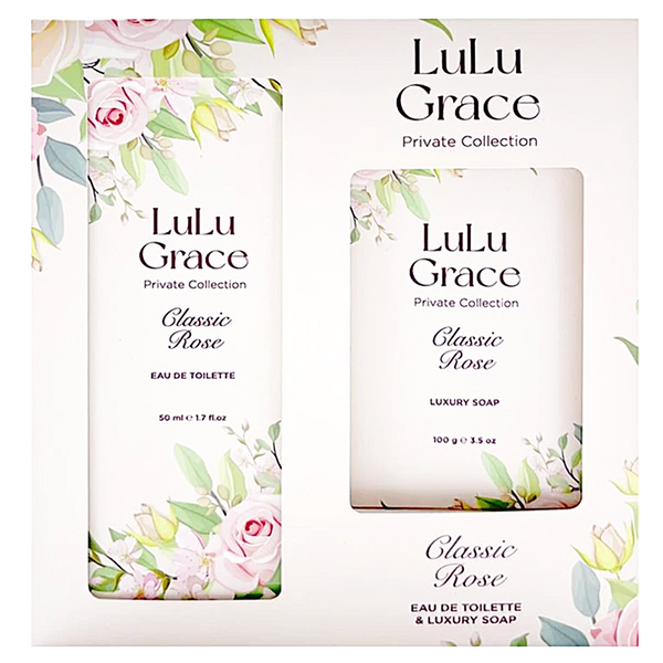 Lulu Grace Private Collection gift set packaging with 'Classic Rose' label, featuring an illustration of a rose and leaves, and a bar of soap.