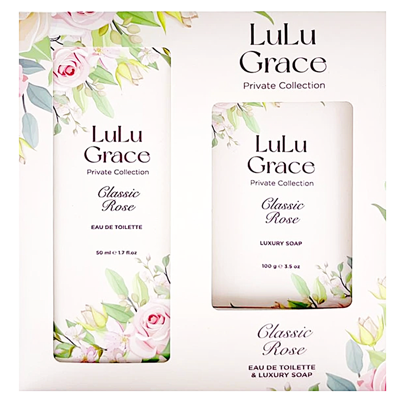 Lulu Grace Private Collection gift set packaging with 'Classic Rose' label, featuring an illustration of a rose and leaves, and a bar of soap.