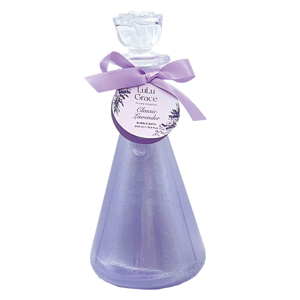A 500ml bottle of Lulu Grace Shimmer Bubble Bath with lavender fragrance, featuring an elegant label and a purple bow.