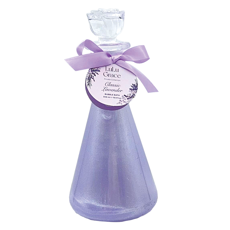 A 500ml bottle of Lulu Grace Shimmer Bubble Bath with lavender fragrance, featuring an elegant label and a purple bow.