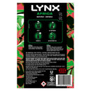 Lynx Africa body spray and body wash packaging with green and red design elements.
