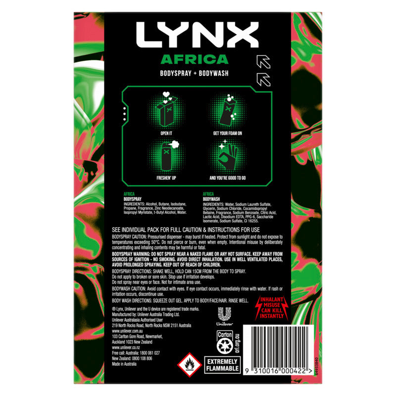 Lynx Africa body spray and body wash packaging with green and red design elements.