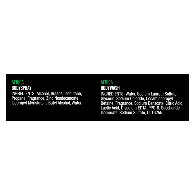 Ingredients list for Africa body spray and body wash on a white background