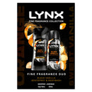 LYNX Black Vanilla fine fragrance duo packaging with orange and vanilla elements.