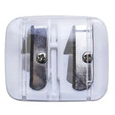 Clear pencil sharpener with two metal blades on a white background