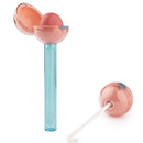 Lip balm with a blue stick and pink tops on a white background