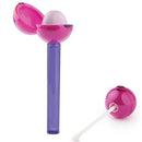 Pink and purple handheld device with a white string on a white background