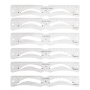 Set of white eyebrow shaping guides with labeled arch types on a white background