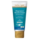 Herbs of Gold Magnesium Muscle Cream in a 100g squeeze tube with a white top, teal blue body, and gold cap, shown on a plain white background.