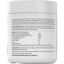 White plastic supplement jar with a white lid, showing the back label with text details on a white background.