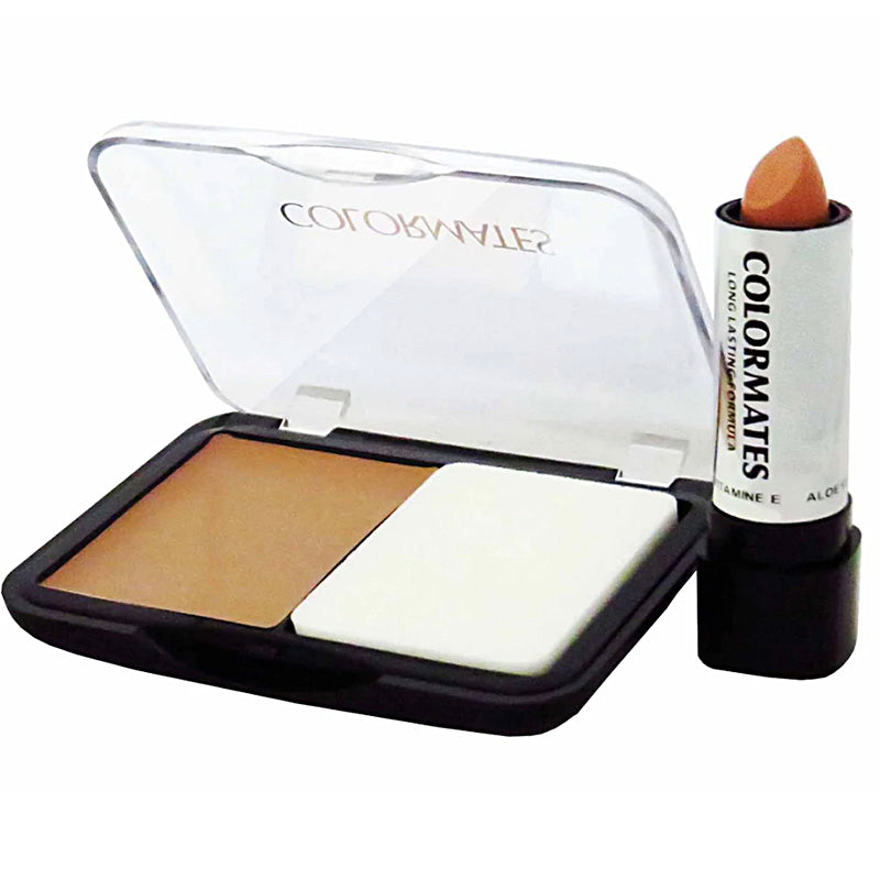 Makeup set with compact powder, white pad, and lipstick on a white background