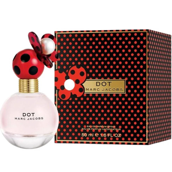 Marc Jacobs Dot perfume bottle and packaging with a ladybug design on a white background