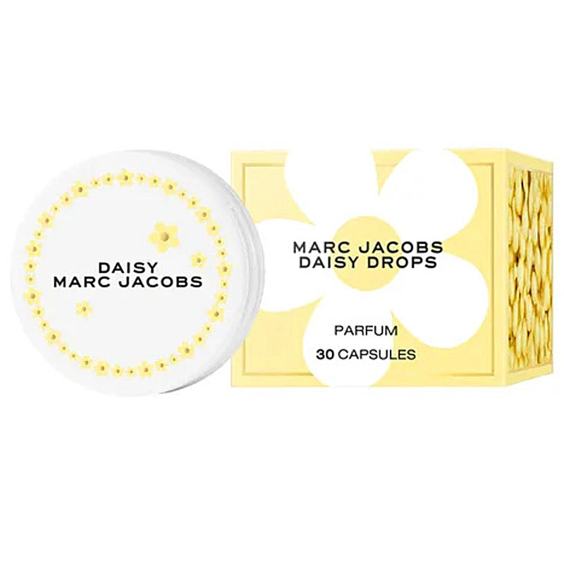 Marc Jacobs Daisy Jacobs Eau De Toilette Drops packaging and single capsule, with daisy design and yellow accents.