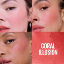Close-up of a woman's face with coral blush applied, showing color swatch labeled 'Coral Illusion'.