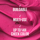 Pink makeup swatch with text highlighting features on a pink background