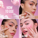 Step-by-step guide on how to use a cosmetic product with close-up shots of a woman applying it.
