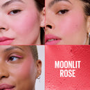 Collage of a woman's face with close-ups of her eyes and lips, featuring the color 'Moonlit Rose'.
