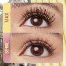 Before and after comparison of eyelash extensions with a blurred background.