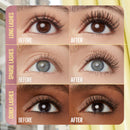 Before and after comparison of long, sparse, and curly lashes on different eye types.