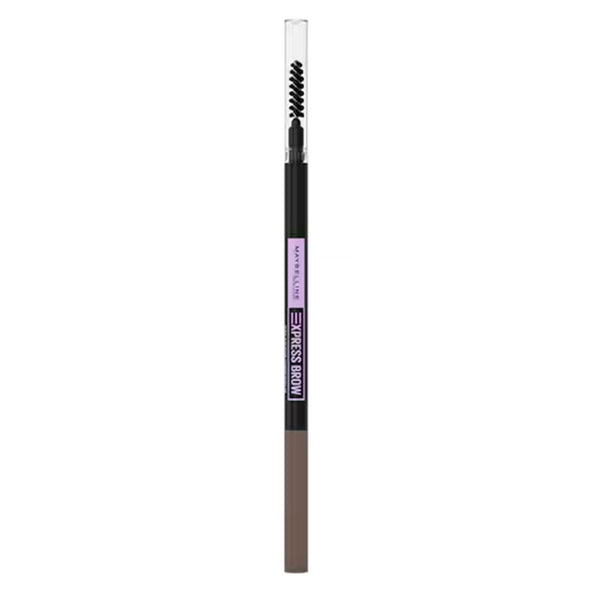 Eyebrow pencil with brush and color swatch on a white background