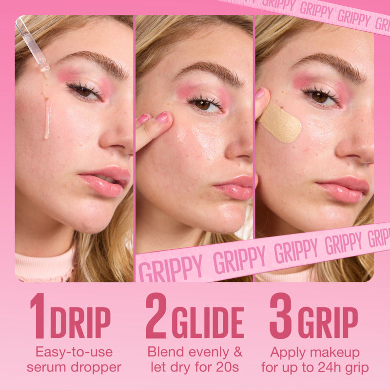 Step-by-step guide for using a makeup product with close-up shots of a woman's face.