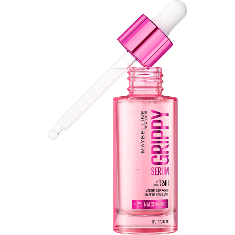 Maybelline Grippy Serum bottle with dropper on a white background