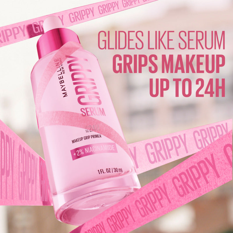 Maybelline Grippy Serum bottle with pink ribbons and text on a blurred background