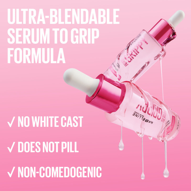 Pink serum bottle with dropper on a pink background, featuring text about serum properties.