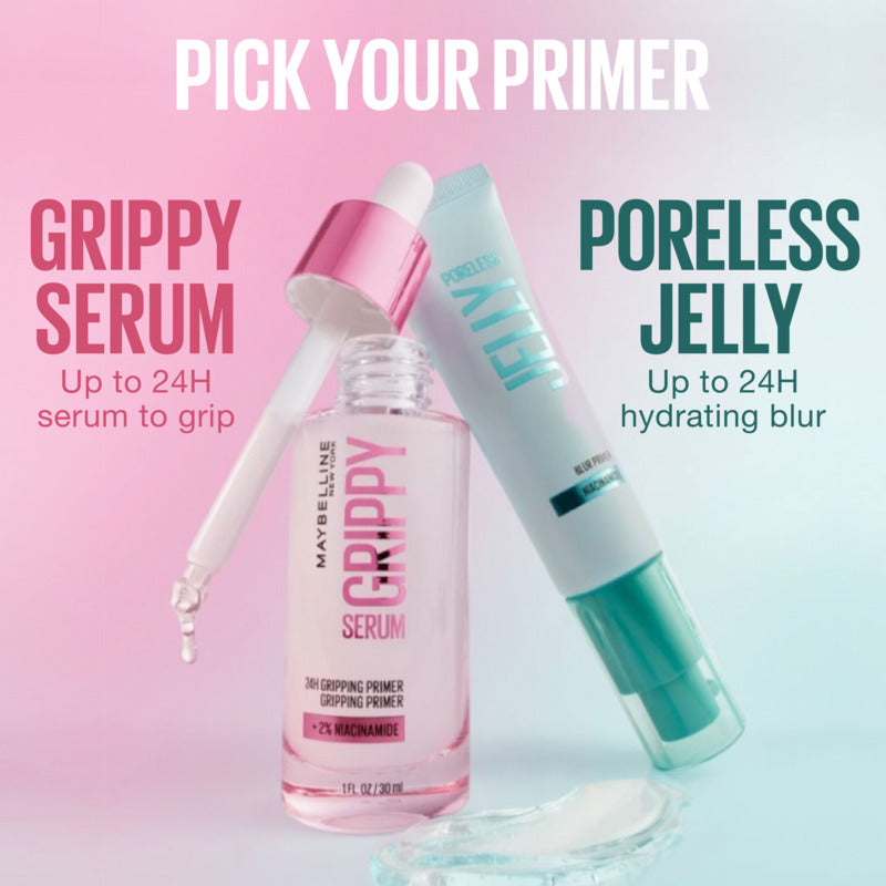 Two skincare products, 'Grippy Serum' and 'Poreless Jelly', on a gradient pink to light blue background with text promoting them.