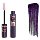 Mascara with brush and open mascara showing purple fibers on a white background