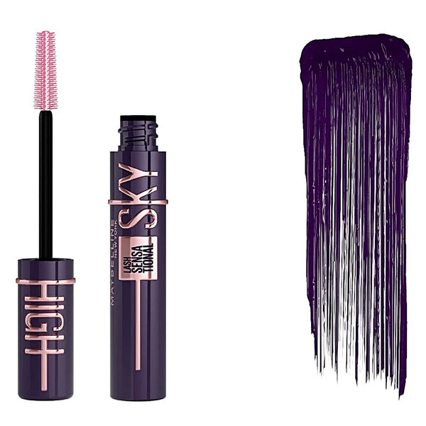 Mascara with brush and open mascara showing purple fibers on a white background
