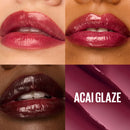 Collage of lips wearing acai glaze lipstick with product name on a pink background