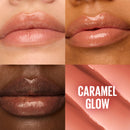 Collage of lips with different shades of lip gloss labeled 'Caramel Glow'.
